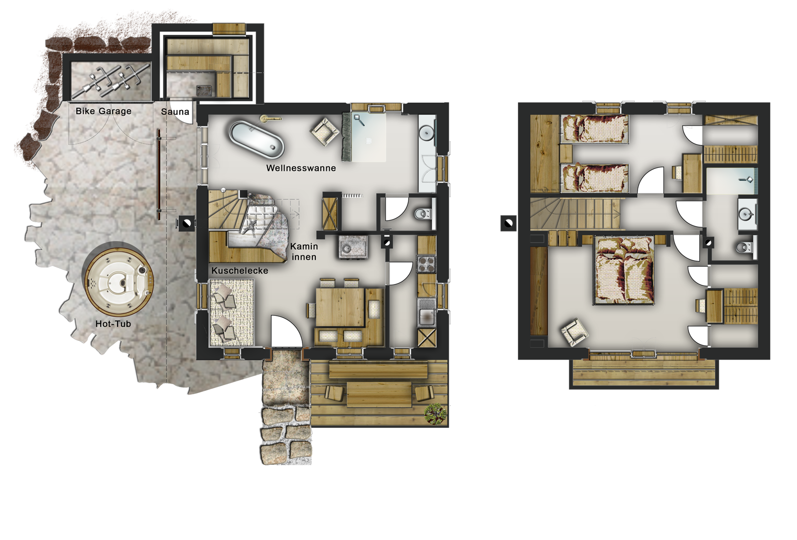 EG und OG unserer einstöckigen Berg- und Premium Chalets