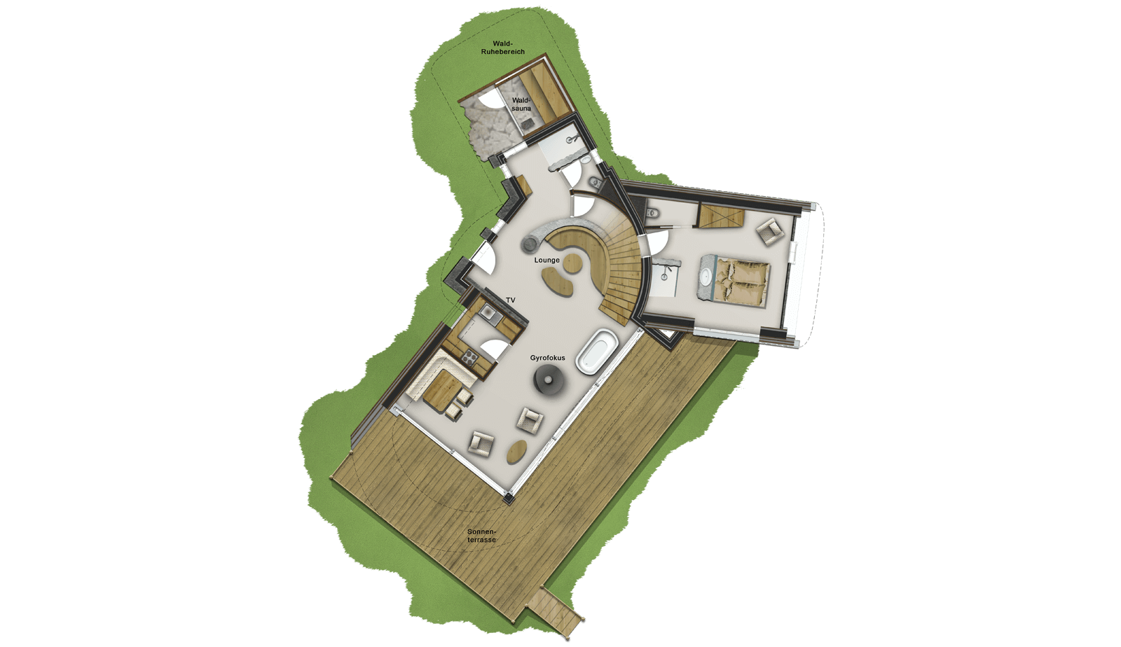 Erdgeschoss mit Terrasse und Schlafzimmer im 1. Zwischengeschoss mit Talblick