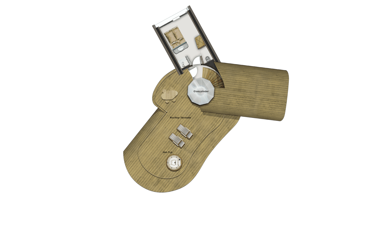 Waldschlafzimmer im 2. Zwischengeschoss und Dachterrasse in der Wilderer Villa